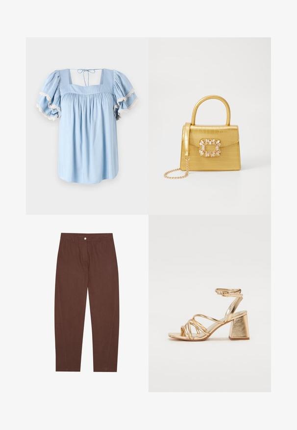 Lys blå bluse med firkantet udringning og puffede ærmer. Har samlede stoffer og delikat blondekant langs ærmerne.; Brune bomullbukser med rett ben-design, med frontknapplukking og sidelommer. Glatt tekstur med minimale sømdetaljer.; Gyldne metalliske hæle-sandaler med en strappy design, kvadratisk blokhælhæl og justerbar ankelrem med spænde. Glat tekstur.; Gul faux-krokodille veske med en strukturert design, toppen håndtak, avtagbar kjede stropp, og dekorativ krystallbortsettelse på låsen.