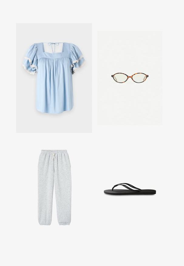 Błękitna bluzka z kwadratowym dekoltem i bufkami. Posiada marszczony materiał i delikatną koronkową lamówkę przy krawędziach rękawów.; Szare dresy wykonane z miękkiego materiału, z elastycznym paskiem w talii i sznurkiem do regulacji, oraz elastycznymi mankietami przy kostkach.; Czarne klapki z teksturowaną gumową podeszwą, dwiema smukłymi paskami oraz subtelnym, wytłoczonym logo na pasku.; Okulary w kolorze tortoiseshell z owalnymi soczewkami i gładkim, eleganckim wykończeniem. Posiadają cienkie boki z delikatnym łukiem w okolicy skroni. Przezroczyste soczewki.