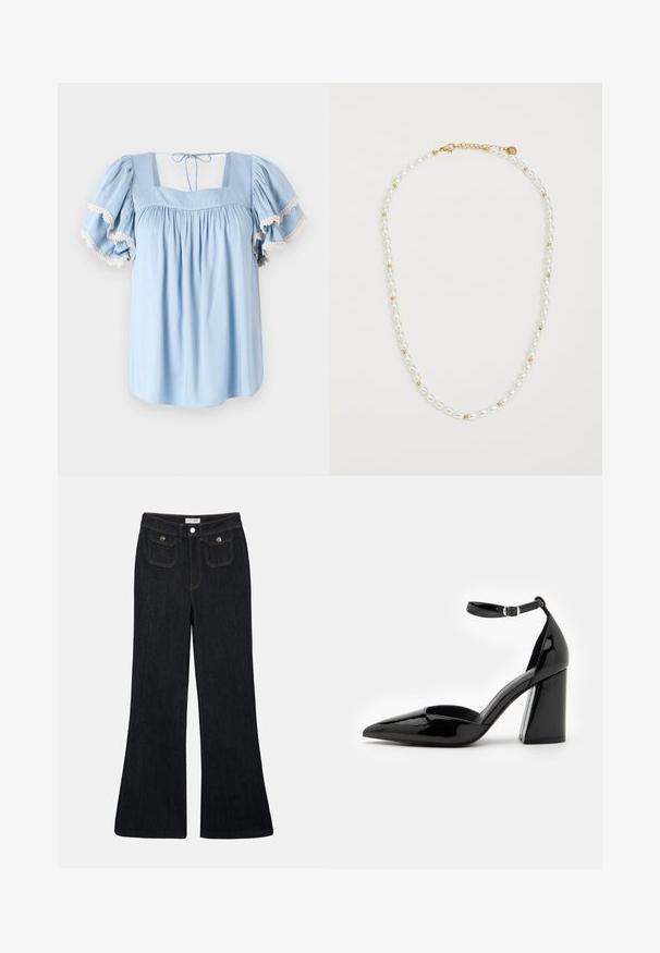 Helle blaue Bluse mit quadratischem Ausschnitt und puffed Ärmel. Verfügt über gerafftes Gewebe und zarte Spitzenbesätze entlang der Ärmelabschlüsse.; Schwarze, ausgestellt geschnittene Jeans aus Denim mit hoher Taille, zwei Fronttaschen und orangefarbenen Nähten. Das Material wirkt robust und glatt.; Schwarzer Lacklederschuh mit hohen Absätzen, spitz zulaufender Zehenpartie, Knöchelriemen und breitem Blockabsatz für Stabilität, mit einer glatten, glänzenden Oberfläche.; Perlenkette mit abwechselnd weißen ovalen Perlen und kleinen goldenen Perlen, ausgestattet mit einem goldenen Verschluss zum Sichern. Insgesamt glatte Textur.