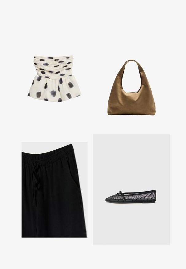 Bluzka w kolorze kremowym z plisowanym wzorem, zdobiona ciemnoszarymi i czarnymi plamkami w stylu akwareli. Miękka tkanina z rozszerzanym dołem.; Czarne spodnie z elastycznym pasem i sznurkiem, o luźnym kroju z bocznymi kieszeniami. Materiał wydaje się miękki i lekki.; Czarne baleriny wykonane z siateczki w groszki. Posiadają cienką paskę i okrągły czubek. Miękka podeszwa i elastyczna konstrukcja.; Brązowa torba na ramię z szerokim, zaokrąglonym kształtem i dużym wyciętym uchwytem. Miękka tekstura, minimalistyczny design i brak widocznych elementów metalowych.
