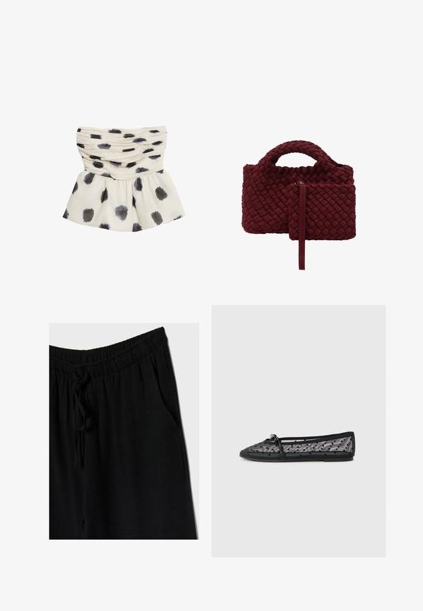 Cremefarvet top med plisseret design, der har mørkegrå og sorte akvarelprikkemønstre. Blødt stof med flared kant.; Sorte bukser med elastisk talje og snøre, der har en afslappet pasform og sidelommer. Materialet ser blødt og let ud.; Sort ballerina flad sandal lavet af mesh med prikmønster. Har en slank rem og rund tå. Blød sål og fleksibel design.; Bordeaux vævet håndtaske med en struktureret form, der har en lille forlommer og et topgreb. Glat tekstur med et flettet design.