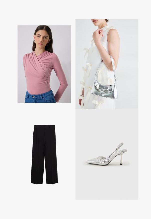 Ružičasti bodi s dolgimi rokavi in nabrano podrobnostjo na prsih, gladke teksture, oblečen z modrimi hlačami na visoki pas.; Črne široke hlače iz gladkega materiala, z gubami spredaj in stranskimi žepi, zasnovane v ravnem, sproščenem kroju.; Srebrna slingback visoka peta čevlja s špičastim nosom, metalnim finišem, dvema dekorativnima trakama in tanko peto z črnim vrhom.; Srebrna metalna torbica z oblikovano strukturo, ki ima zgornji ročaj in detajl v obliki mašne spredaj. Gladka tekstura, z odsevnimi površinami.