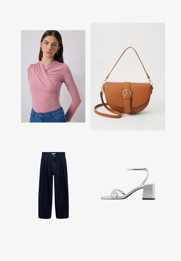 Long-sleeve, pink bodysuit with gathered detail at the chest, smooth texture, worn with blue high-waisted jeans.; Dark denim wide-leg trousers with pleats at the waist, featuring a front button and belt loops. Smooth texture and full-length design.; Silver heeled sandals with a block heel, featuring thin crossover straps and an adjustable ankle strap. Smooth metallic finish.; Brown leather crossbody bag with a curved shape, gold hardware, and a buckle accent. Features a detachable shoulder strap.; Metal ring with a polished silver finish, featuring three intertwining curved sections creating a smooth, cohesive design.