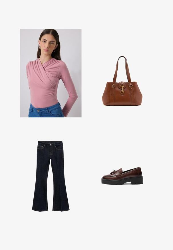Langermige, roze bodysuit met gathering detail op de borst, gladde textuur, gedragen met blauwe high-waisted jeans.; Donkerblauwe denim jeans met hoge taille, voorzakken en wijd uitlopende pijpen, plat weergegeven op een witte achtergrond.; Bruine leren instapper met een slank ontwerp, contrasterende zwarte plateauzool en decoratieve kwastaccent op de wreef. Soepele textuur.; Bruine leren handtas met dubbele banden, een afgeronde vorm, gouden hardware en een centrale sluiting. Gladde textuur met gestikte accenten.
