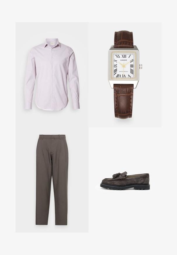 Chemise à manches longues rose clair avec de petits pois blancs, col boutonné et ourlet arrondi. Fabriquée en tissu lisse avec un subtil éclat.; Jack & Jones JPSTBILL JJDAYTONA WIDE - Pantalon classique - pavement; Loafers en daim gris foncé avec un accent de gland à l'avant, semelle plate en caoutchouc et détails de couture contrastants le long du bord.; Montre rectangulaire Casio avec un cadran blanc, des accents dorés, des chiffres romains et un bracelet en cuir avec motif crocodile marron. Design résistant à l'eau.