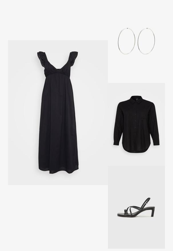 Czarna, długoskrętowa koszula z guzikami, z kołnierzykiem, przednią kieszenią i zaokrąglonym dołem. Wykonana z gładkiego, lekkiego materiału.; Czarna maxi sukienka z lekkiego materiału, z głębokim dekoltem w kształcie V, falbanami na rękawach oraz zbieranym wcięciem w talii, tworzącym zwiewny kształt.; Czarne sandały na obcasie z prostokątnym noskiem i niskim słupkowym obcasem. Posiadają wiele cienkich pasków i regulowany pasek na kostkę. Wykonane z gładkiej skóry.; Czarna skórzana torebka typu crossbody z gładką teksturą, prostokątnym kształtem oraz metalowym detalem w postaci łańcuszka z przodu. W zestawie regulowany pasek.; Srebrne kolczyki na kółku o gładkim, okrągłym kształcie i wypolerowanym wykończeniu. Są cienkie i lekkie, z prostym zapięciem.
