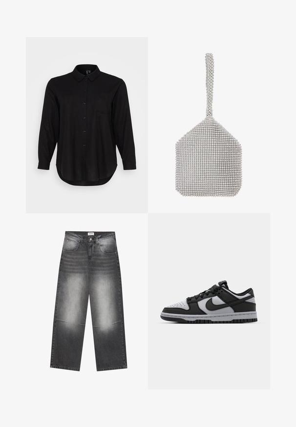 Chemise noire à manches longues avec un col, une poche avant et un ourlet arrondi. Fabriquée dans un tissu lisse et léger.; Haut à manches longues noir à col roulé, fabriqué en tissu côtelé, présente un design ajusté avec un col haut et sans motifs ni accents.; Jeans en denim noir à jambes larges avec une finition gris délavé, dotés de poches avant, d'une fermeture à bouton et de légères distorsions au niveau des genoux.; Baskets basses Nike Dunk noires et grises avec un bout perforé, des accents en cuir lisse et une semelle en caoutchouc avec un motif de traction texturé.; Sac à main en maille argentée avec une forme structurée, recouvert de petits strass réfléchissants. Doté d'une longue poignée ornée.