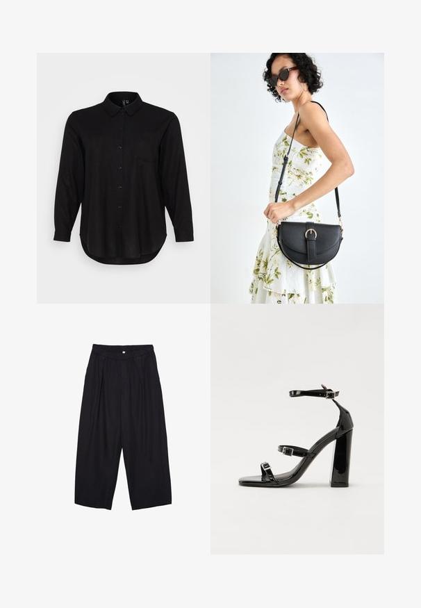 Musta pitkähihaisten nappipaita, jossa on kaulus, etutasku ja pyöristetty helma. Valmistettu sileästä, kevyestä kankaasta.; Musta polyesterinen culotte-housut, jossa on joustava vyötärö, kaksi etupleettiä ja löysä siluetti. Ei näkyviä kuvioita tai metallisia yksityiskohtia.; Musta kiiltävä korkokenkä sandaalit neliönmuotoisella varpaalla, nilkkaremmillä ja hopeisilla soljilla. Varustettu tukevalla lohkokorkealla vakauden takaamiseksi.; Musta nahkainen käsilaukku, joka on kaareva muotoilultaan, irrotettavalla hihnalla ja kultaisilla yksityiskohdilla. Laukussa on läppä, jossa on solk yksityiskohta.