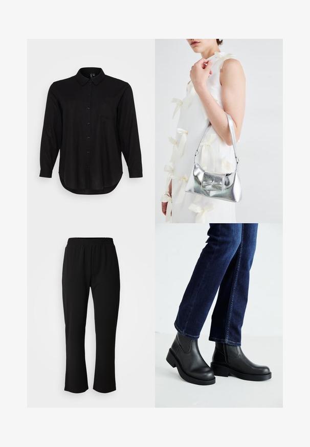 Chemise noire à manches longues avec un col, une poche avant et un ourlet arrondi. Fabriquée dans un tissu lisse et léger.; ONLY Carmakoma CARLAMA STRAIGHT - Pantalon classique - black; Bottines en cuir noir avec une semelle épaisse et des panneaux élastiques sur les côtés, associées à un jean bleu foncé. Le sol est de couleur claire.; Sac à main métallisé argenté au design structuré, avec une poignée supérieure et un détail en nœud sur le devant. Texture lisse, fini réfléchissant.