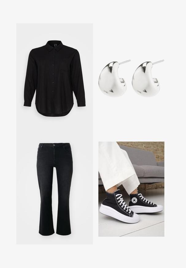 Črna srajca z dolgimi rokavi, gumbom in ovratnikom, z sprednjo žepom in zaobljenim robom. Narejena iz gladkega, lahkega blaga.; Črne kavbojke iz denima s srednje visokim pasom, sprednjim gumbom, dvema sprednjima žepoma, dvema zadnjima žepoma in razširjenim krojem nogavic.; Črne platnene visoke superge z belimi gumijastimi podplati in vezalkami. Imajo krožni logotip na strani in kontrastno bele šive.; Srebrne uhane s studom z gladkim, ukrivljenim dizajnom. Imajo polirano površino in zaponko za varno nošenje.