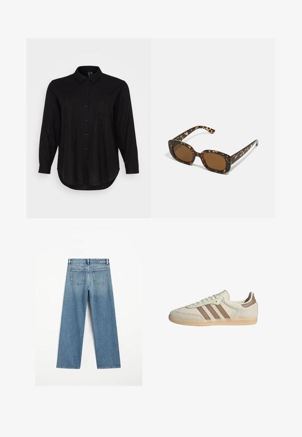 Camicia nera a maniche lunghe con bottoni, colletto, taschino frontale e orlo arrotondato. Realizzata in un tessuto morbido e leggero.; Jeans in denim azzurro chiaro con un taglio a gamba larga, dotati di due tasche posteriori e orlo sfilacciato. Realizzati in tessuto di cotone testurizzato.; Sneaker con una toma in rete traspirante di colore crema, dettagli in pelle marrone e tre strisce caratteristiche. Suola in gomma leggera con motivo testurizzato.; Occhiali da sole in tartaruga con una montatura rotonda e voluminosa e lenti marroni. Presentano delicati motivi e bracci dritti e affusolati.