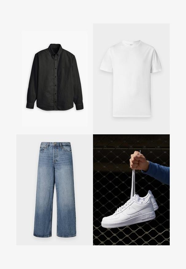 Levi's® - Koszula; Biała koszulka z krótkim rękawem, wykonana z miękkiej bawełny. Posiada okrągły dekolt i prosty dół z minimalnymi detalami.; Szerokie niebieskie dżinsy z przetarciami, pięcioma kieszeniami i zapięciem na guzik. Wyposażone w szlufki na pasek i przeszycia dekoracyjne.; Białe skórzane sneakersy z perforacjami, okrągłym noskiem, płaską podeszwą i grubymi sznurówkami, z widocznym logo swoosh i napisem „AIR” na pięcie.