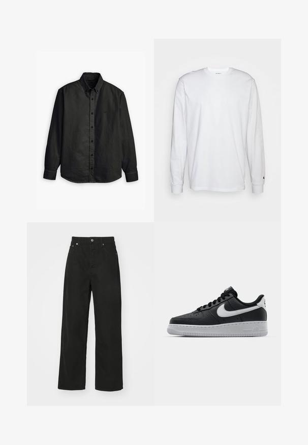 Levi's® AUTHENTIC BUTTON DOWN - Vapaa-ajan kauluspaita - kincaid jet black garment dye; Valkoinen pitkähihainen t-paita, joka on valmistettu puuvillasta. Pyöreä kaula-aukko, jossa on resorikujat ja pieni logo vasemmassa hihassa. Tasainen pinta.; Mustat farkut suoran lahjuksen suunnittelulla, joissa on viisi taskua, nappisuljenta ja perinteinen vyötärö. Sujuva tekstuuri.; Musta nahkakengät, joissa on teksturoitu pinta, valkoinen Nike -logo, harmaa pohja, pyöreä kärki ja nauhakiinnitys. Varustettu rei'illä kärkilaatikossa.