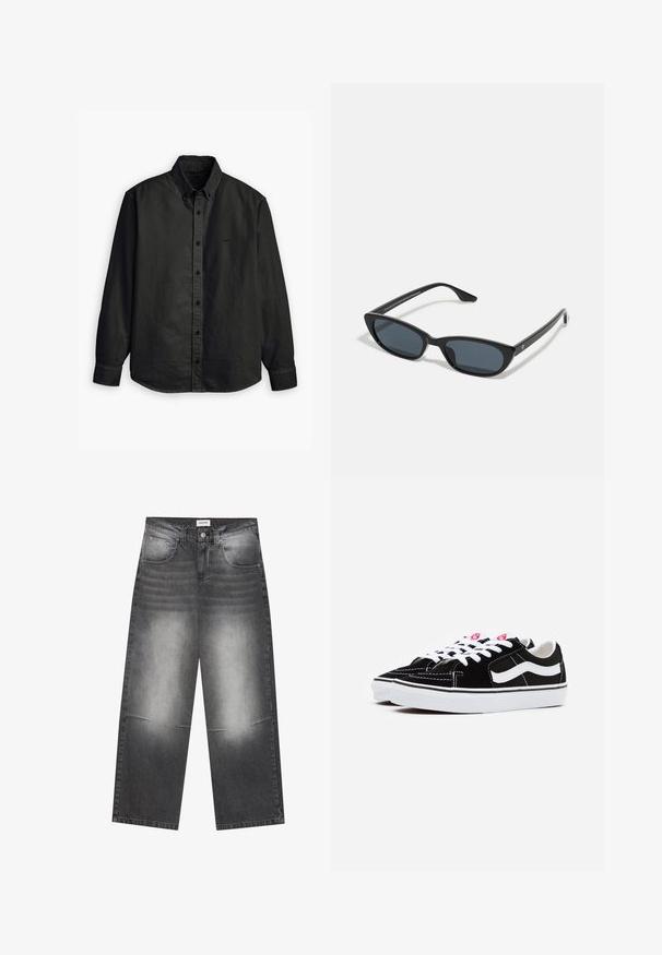 Levi's® AUTHENTIC BUTTON DOWN - Srajca - kincaid jet black garment dye; Široke črne usnjene kavbojke z bledim sivim zaključkom, ki imajo sprednje žepke, gumbasto zapiranje in rahlo poškodbe na kolenih.; Črne zamšene superge z belimi vezalkami, ki imajo izrazit bel stranski trak in črno gumijasto podplat, ter prikazujejo podrobnosti kontrastnega šivanja.; Črne mačkaste sončne očala z temnimi lečami, plastičnim okvirjem, ozkimi stebli ter diskretnim logotipom na notranji strani ročaja. Mat zaključna tekstura.