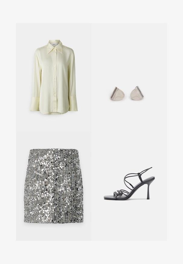Långärmad skjorta med knappar i ljusgul, tillverkad av en slät tyg. Har en klassisk krage och breda manschetter. Skräddarsydd, avslappnad passform.; Paljetterad minikjol med en metallisk silver- och svart färgpalett, texturerad yta med reflekterande paljetter och en figurnära design.; Svarta högklackade sandaler har tunna remmar med en knuten design, en slät fyrkantig tå och en smal stilettklack.; Silverfärgade metallörhängen med en slät, tårformad design och en polerad yta. Subtila gravyrer tillför detaljer. Minimalistisk design.