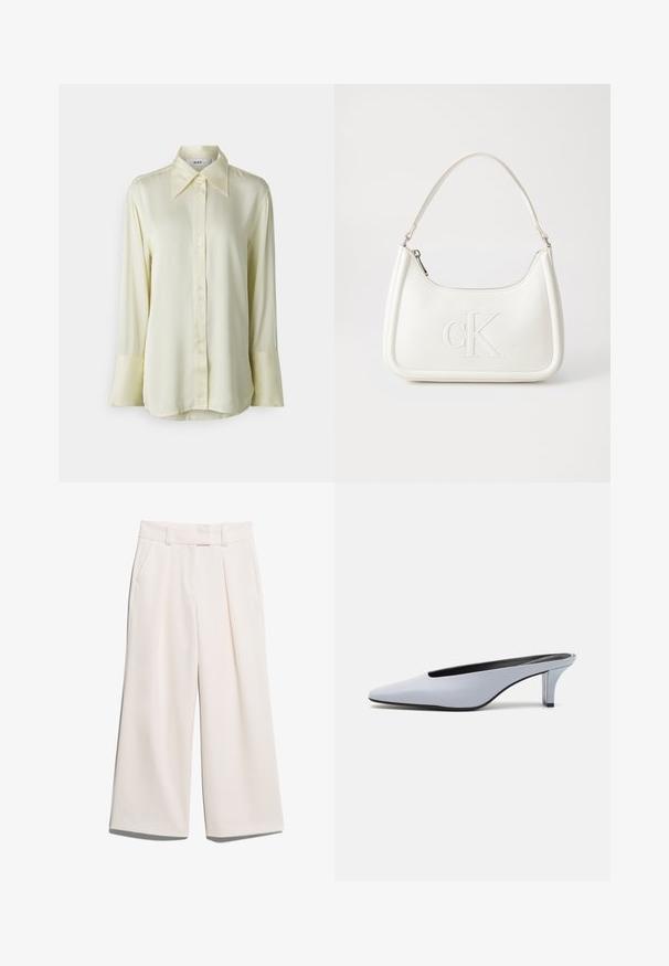 Kähi varrukatega, nööbitav särk heledas kollases, valmistatud siledast kangast. Omab klassikalist kraed ja laiu varrukaotsi. Kohandatud, mugav lõige.; Laiad püksid heledas kreemjas värvitoonis, valmistatud siledast kangast, kahel esimesel taskul ja nähtava õmblusega vöökoha juures.; Heled sinine lakknahast suss, millel on terav ninatipp, madal läbipaistev konts ja voolujooneline disain, millel on lõige vampi juures.; Valge nahast käekott, millel on kumer kuju, esiküljel on reljeefne "CK" logo ja üks õlavarre rihm. Ülemine tõmblukkuu.