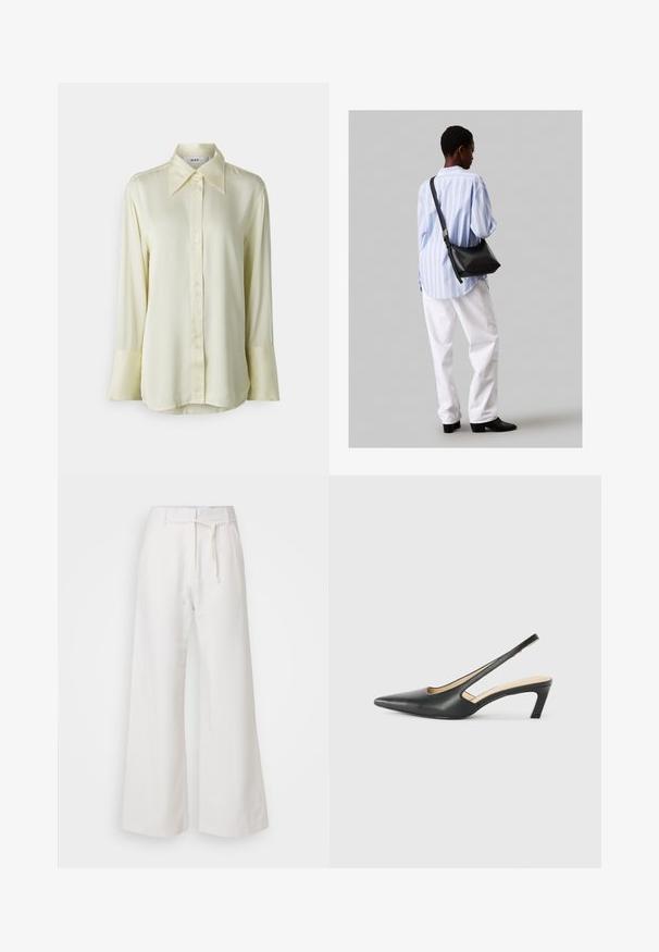 Gaiši dzeltena krekla ar garām piedurknēm un pogām, izgatavota no gludas auduma. Tai ir klasiskas apkakles un plašas aproces. Pietiekami pieguļoša, brīva pielāgojuma.; DAY Birger et Mikkelsen TERRI SOLID - Auduma bikses - cloud cream; Melna, ar smailu purngalu, slingback kurpe ar zemu papēdi, izgatavota no gludas ādas materiāla un ar izgriezumiem sānos gaisa caurlaidībai.; Melna ādas plecu soma ar mīkstu tekstūru, trīsstūra formu un regulējamu siksnu, apvienota ar gaiši zilu svītrotu krekli un baltām biksēm.