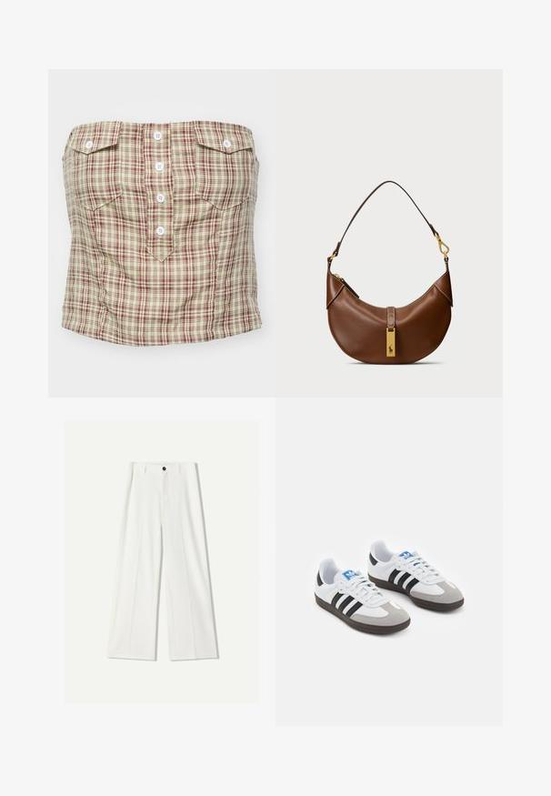 Bezešvý top v světle béžové barvě s kostkovaným vzorem v tmavě červené a zelené barvě. Obsahuje čtyři přední knoflíky a dvě náprsní kapsy.; Bílý zkrácený tričko s černými vodorovnými pruhy, kulatým výstřihem a krátkými rukávy. Vyrobeno z bavlněné tkaniny, hladká textura.; Bílé široké kalhoty vyrobené z hladké tkaniny, se zapínáním na přední knoflík a sklady. Hladký přední design, žádné viditelné kapsy.; Sportovní boty s bílým koženým svrškem, šedou semišovou špičkou a třemi černými pruhy. Obsahují modré logo na jazyku a texturovanou gumovou podrážku.; Hnědá kožená taška přes rameno se zakřiveným tvarem, zlatými kovovými doplňky, detaily s vrchním zámkem a akcentem loga. Hladký povrch s prošívanými okraji.