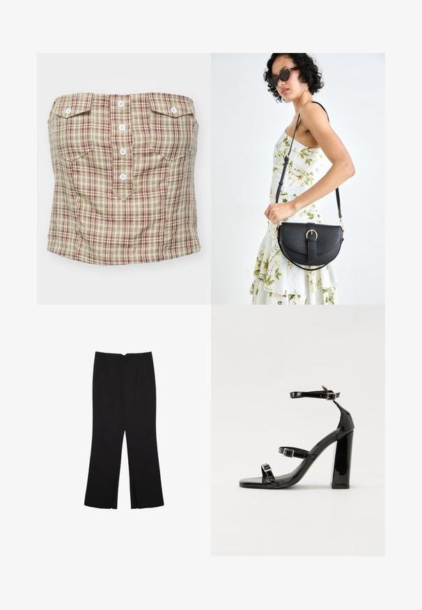 Karirano strapless top u svijetlo bež boji s tamnocrvenim i zelenim uzorkom. Ima četiri gumba naprijed i dva džepa na prsima.; Crne hlače ravnog kroja, s prednjim džepovima i bočnim prorezima na rubu. Izrađene od mekog i glatkog materijala. Pogodne za razne prigode.; Crne lakirane sandale na pete sa kvadratnim nosom, trakama oko gležnja i srebrnim kopčama. Imaju čvrst blok petu za stabilnost.; Crna kožna torba s lukovitim oblikom, odvojivim remenom i zlatnim detaljima. Torba ima preklop s kopčom.