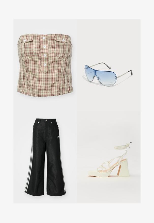 Kergelt beež lihtsalt õlavarrast seelik marooni ja rohelise ruudumustriga. Omab nelja eesmist nuppu ja kahte rinna taskut.; Mustad mustadeline denimipüksid, millel on kummalgi küljel kolm valget triipu ja väike valge logo. Omab esikotte ja nööbiga kinnihoidmist.; Valged kõrge kontsaga sandaalid, millel on paks konts ja rihmadega disain koos pahkluu sidumisega. Sile tekstuur ja platvorm ees, et lisada kõrgust.; Aviatori prillid, millel on gradient sinine objektiiv, hõbedane metallraam ja dekoratiivsed staaraktsendid objektiivil. Sujuv ja stiilne disain.