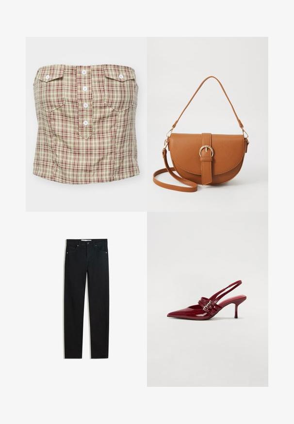 Checked strapless top in light beige with maroon and green plaid pattern. Features four front buttons and two chest pockets.; Black denim pants with a straight leg design, five pockets, metal button closure, and subtle stitching details. Smooth texture.; Red patent leather slingback heels with a pointed toe, two buckle straps, and a slim, mid-height stiletto heel. Smooth texture.; Brown leather crossbody bag with a curved shape, gold hardware, and a buckle accent. Features a detachable shoulder strap.