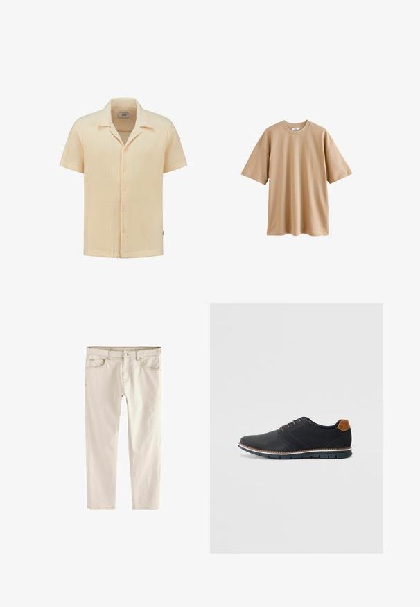 Lühikeste varrukatega heleda beeži värvi särk, mis on valmistatud tekstuurilisest vahvli kootud kangast, millel on krae ja viis nupuvajutust.; Lühikeste varrukatega beež puuvillane T-särk ümarate kaelustega ja lõdva lõikega, millel on sile tekstuur ning ei mingeid mustreid või aktsente.; Heledad beežid slim-fit teksad, otse lõikega, viie taskuga, nööbi ja tõmbluku kinnitusega ning tugevdatud õmblustega õmblustes.; Mustavad sünteetilised jalatsid tekstureeritud pealsega, siledad aktsendid, pruun kand ja kontrastne tall. Omab minimaalset lukkude ja õmbluste dekoratsiooni.