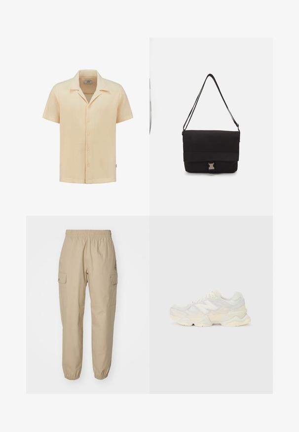 Camisa de manga corta de color beige claro, hecha de un tejido texturizado de punto en waffle, con cuello y cinco botones de cierre.; Pantalones cargo beige con cintura elástica, piernas ajustadas y bolsillos laterales. Tejido suave con una textura ligeramente estructurada.; Zapatilla ligera con parte superior de malla y ante en suaves tonos crema, con una suela gruesa y acentos tridimensionales.; Bolso mensajero negro hecho de material suave, con solapa plegable, herraje de cierre plateado y correa de hombro ajustable.