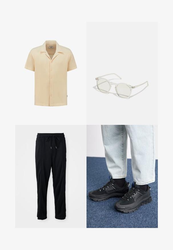 Košile s krátkým rukávem v světle béžové barvě vyrobená z texturované vaflové pleteniny, s límečkem a pěti knoflíkovými zapínáními.; Černé casual kalhoty se stahovací šňůrkou v pase, bočními kapsami a rovnými nohavicemi na jednobarevném pozadí.; Černé sportovní boty s texturovanou tkaninou a gumovou podrážkou, s elastickými tkaničkami a modrým akcentem na patě. Nosí se s světlými džíny.; Kulaté sluneční brýle s průhledným rámem, světle zelenými čočkami a tenkými, průhlednými bočními částmi. Rám má jemné kovové akcenty.