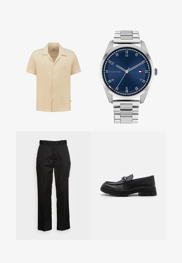 Camicia a maniche corte di colore beige chiaro, realizzata in tessuto a maglia waffle testurizzato, con colletto e cinque bottoni di chiusura.; Pantaloni neri realizzati in un tessuto morbido, con design a gamba dritta, passanti per cintura e due tasche laterali. Aspetto classico senza decorazioni.; Mocassino in pelle nera con punta arrotondata, una fascia decorativa e accessori in metallo, e una suola spessa e testurizzata. Finitura liscia con dettagli sottili.; Orologio in metallo argentato con quadrante blu spazzolato, indici bianchi e display della data. Dotato di un bracciale metallico a maglie e logo del marchio.; Collana in argento con maglie spesse e un pendente circolare centrale caratterizzato da dettagli intricati. Superficie metallica liscia e riflettente.