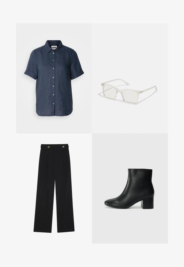 Sötét kék vászoning rövid, felgöngyölt ujjakkal, gombos előlappal és gallérral. Simább textúrával rendelkezik, és öt gomb található az elülső részen.; Fekete, bő szárú nadrág magas derékkal, gombos részletekkel a derékrészen és elülső pliszékkal.; Fekete bőr bokacsizma hegyes orral és vastag sarokkal. Sima felület minimális díszítéssel és karcsú, passzos kialakítással.; Átlátszó műanyag négyzet alakú szemüveg, áttetsző lencsékkel, arany díszítéssel a szárakon a fokozott részletekért.