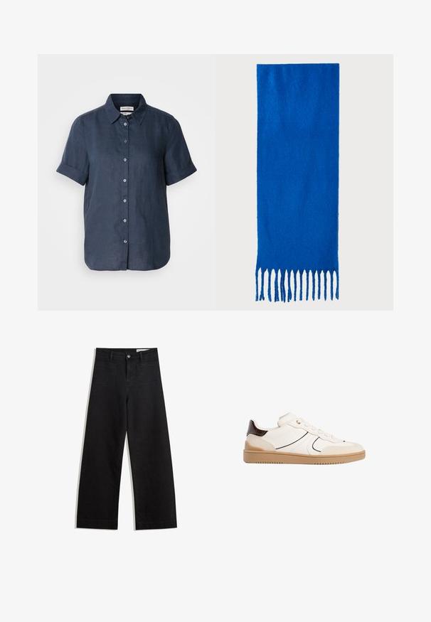 Mörkblå linneskjorta med korta upprullade ärmar, knäppning framtill och krage. Har en jämn textur och fem knappar längs knappslå.; Svarta vida denimbyxor med hög midja, med fram- och bakfickor, sydda sömmar och knappstängning. Slät textur.; Stradivarius Sneakers - white; Blå fransad scarf gjord av mjukt tyg; har en enhetlig färg med en texturerad yta och jämnt klippta fransar i botten.