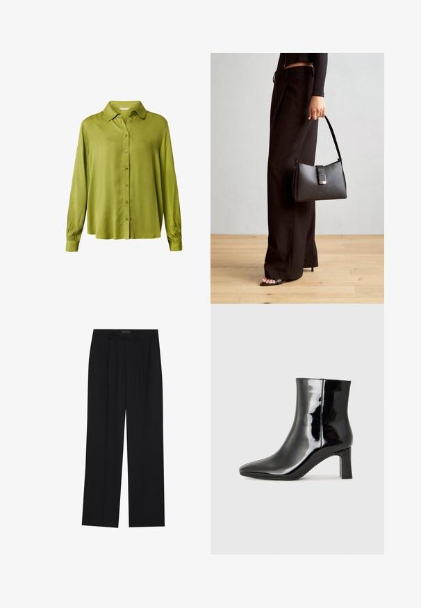 Zelená saténová košile s dlouhými rukávy, zapínáním na knoflíky vpředu, límečkem a nařasenými manžetami. Hladká textura s volným střihem.; Černé kalhoty se střihem rovného nohavice, které mají dvě přední kapsy a pas. Vyrobené z hladkého, lehkého materiálu.; Černé lakované kotníkové boty s špičatou špičkou a středně vysokým blokovým podpatkem. Hladká textura a minimalistický design.; Černá kabelka se strukturovaným tvarem, hladkým povrchem a kovovým uzávěrem. Kombinována s širokými černými kalhotami a sandály s otevřenou špičkou na dřevěné podlaze.