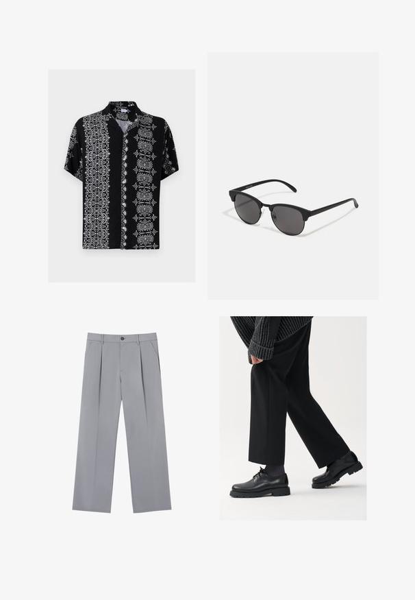 Krátky rukáv košeľa s gombíkmi v čiernej látke, ktorá na oboch stranách obsahuje zložitý biely kvetinový a dekoratívny vzor a má golier.; Sivé plisované nohavice s voľným strihom, vyrobené z ľahkej látky. Obsahujú predné vrecká a zapínanie na gombík v páse.; Čierne kožené topánky s okrúhlou špičkou, viazaním a hrubou, štruktúrovanou podrážkou. Nosené s upravenými čiernymi nohavicami a rebrovaným sveterom.; Čierne slnečné okuliare s okrúhlymi šošovkami, matným povrchom a charakteristickým tvarom mačacích očí. Úzke ramená s nenápadným brandingom na ľvom chráničku.
