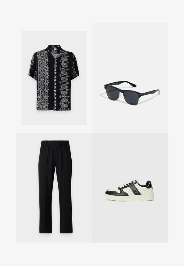 Short-sleeve button-up shirt in black fabric, featuring intricate white floral and decorative patterns on both sides and a collared neckline.; Black, elastic-waist trousers with a straight-leg design, featuring a smooth texture and no visible patterns or hardware.; Leather sneakers with a black and cream color scheme, featuring perforated accents, a padded collar, and a textured outsole.; Black sunglasses with a rectangular shape, dark lenses, silver accents at the temples, and a matte finish on the frame.