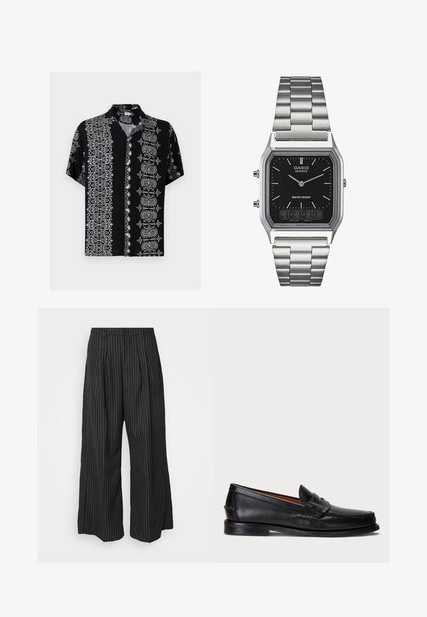 Camicia a maniche corte con bottoni in tessuto nero, caratterizzata da intricati motivi floreali bianchi e decorativi su entrambi i lati e colletto.; Pantaloni a gamba larga neri a righe con pieghe, caratterizzati da un design sartoriale e una texture morbida. Nessun hardware o decorazione visibile.; Mocassino in pelle nera con punta arrotondata, dettagli cuciti e una fascia decorativa sul davanti. Suola piatta con profilo minimal.; Orologio in acciaio inox argento con quadrante rettangolare nero, dotato di lancette analogiche, display digitale e etichetta di resistenza all'acqua.