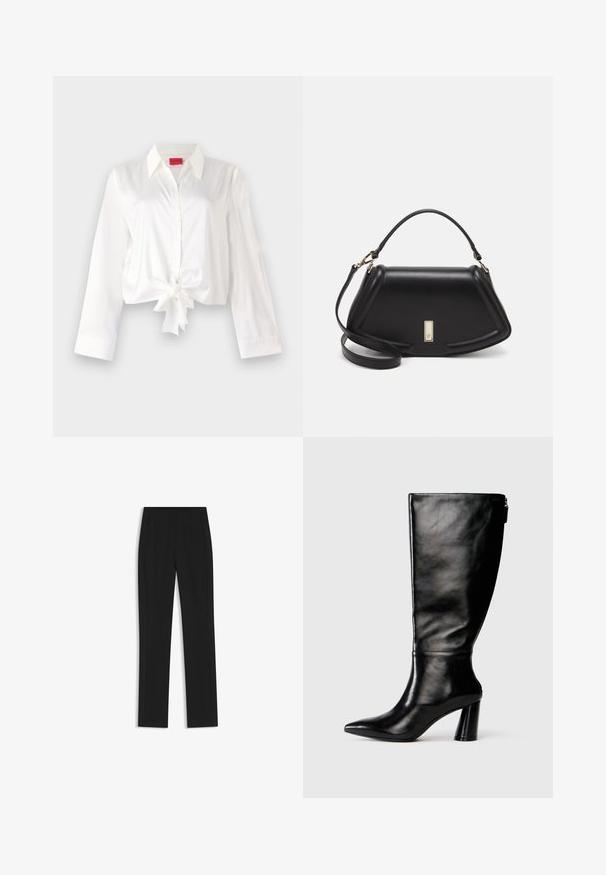 Cropped, long-sleeve button-up shirt in white satin fabric, featuring a front tie detail and classic collar. Smooth texture and fitted design.; Black tailored trousers with a straight-leg design, featuring front pockets and a smooth, textured fabric. Neat, minimal detailing.; Knee-high black leather boot with a pointed toe, smooth texture, and a chunky heel. Features a zipper detail at the back.; Black leather handbag with a structured design, featuring a cropped shape, top handle, and gold hardware accent. Adjustable shoulder strap included.