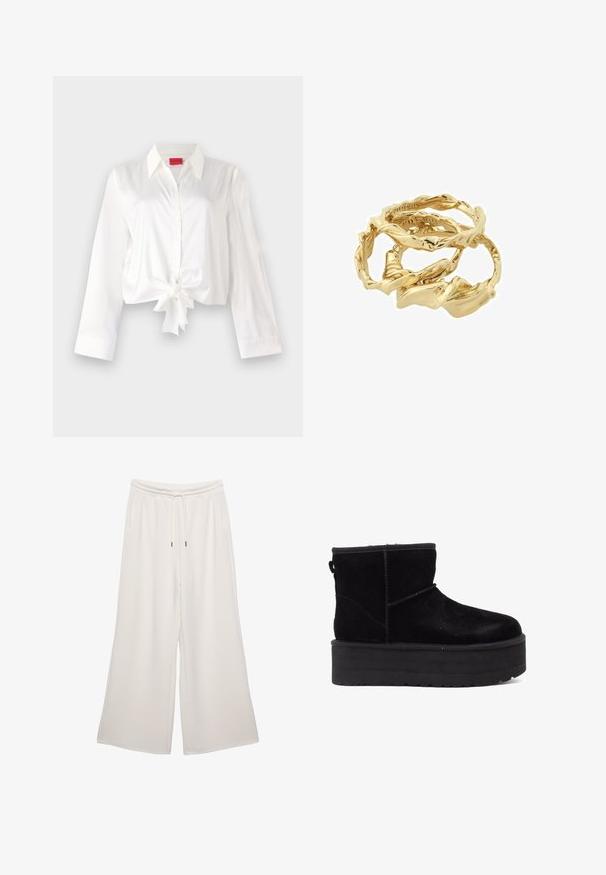 Cropped, long-sleeve button-up shirt in white satin fabric, featuring a front tie detail and classic collar. Smooth texture and fitted design.; Cream-colored wide-leg pants made of soft fabric, featuring an elastic waistband, drawstring, and side pockets. Smooth texture.; Black suede ankle boots with a thick platform sole and soft lining. Finished with stitching accents and a rear pull tab for easy wear.; Gold-tone twisted rings stacked together, featuring a textured design with smooth and curved edges, creating an organic, flowing appearance.