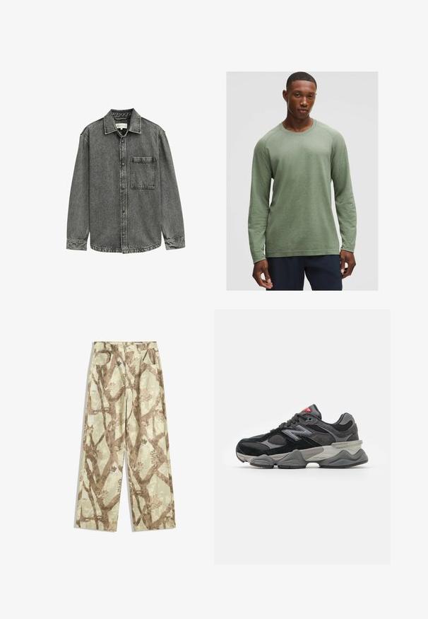 Grijze denimshirt met een puntkraag, met knopen aan de voorkant en één borstzak. Kenmerkt zich door een vervaagde textuur en gestikte accenten langs de naden.; Langsleeve shirt in gedempt groen met een textuurpatroon, ronde halslijn en raglanmouwen, gemaakt van zachte, lichte stof.; Broek van lichtgewicht stof in een lichtgroene tint, met een bruin takpatroon, wijd model en twee voorzakken.; Zwarte en grijze sneaker met een mix van suede en mesh materialen, dikke zool, opvallend logo en een rode accent op de tong.