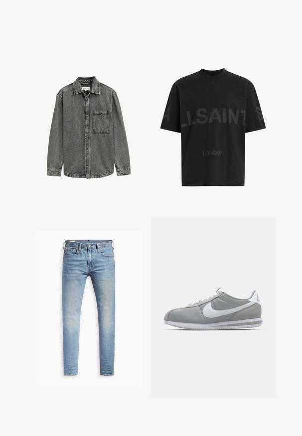 Camisa de mezclilla gris con un cuello puntiagudo, cierre de botones en la parte delantera y un bolsillo en el pecho. Presenta una textura desgastada y acentos de costura a lo largo de las costuras.; Camiseta negra de gran tamaño con el texto en gris oscuro "ALLSAINTS" en el pecho y "LONDON" en letras más pequeñas debajo.; Levi's® 512® SLIM TAPER - Vaqueros slim fit - pelican rust; Zapatilla deportiva gris con parte superior de ante y textil, swoosh blanco de Nike y cordones blancos. Presenta una suela de goma texturizada y un collar acolchado.