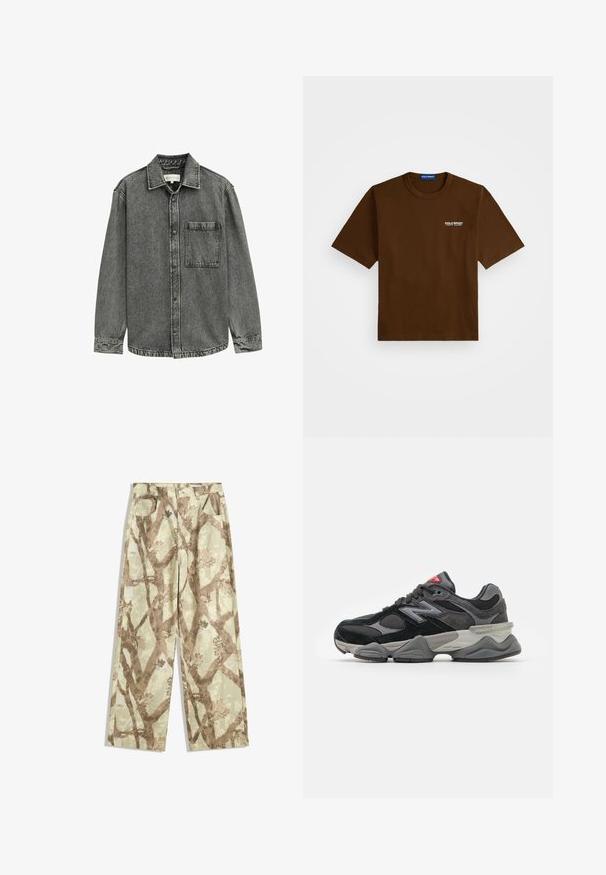 Szürke farmering hegyes gallérral, gombos előlappal és egy mellzsebbel. Fakó textúrával és varrásos részletekkel a varratok mentén.; Barna, rövid ujjú póló, fehér "Polo Sport Ralph Lauren" logóval a bal mellen és egy kék címkével a gallér belső részén.; Könnyű anyagból készült, világos zöld árnyalatú nadrág, amely barna faág mintázattal, széles lábakkal és két elülső zsebbel rendelkezik.; Fekete és szürke sportcipő, amely velúr és hálós anyagok keverékéből készült, vastag talppal, hangsúlyos logóval és piros akcentussal a nyelvén.