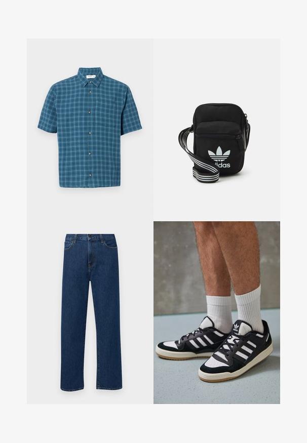 Camisa de manga curta em padrão xadrez azul escuro com realces em azul claro, apresentando um colarinho e cinco botões frontais. Feita de tecido tecido.; Jeans de denim azul escuro, de perna reta, com bolsos frontais e fecho de botão, exibidos sobre um fundo branco liso.; Ténis em preto e branco com upper em camurça e couro, apresentando três riscas brancas, um toe perfurado e uma sola em borracha de goma.; Sacolinha transversal de tecido preto com fecho de zíper, apresentando um logo da Adidas em branco e uma alça ajustável listrada para facilitar o transporte.