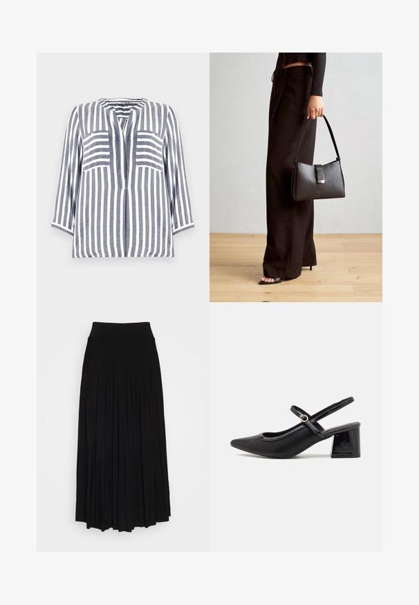 Pellavapaita, jossa on sinisiä ja valkoisia pystyraitoja, pyöreä kaula-aukko, kolmivartiset hihat ja kaksi etutaskua.; Musta plyytilaakkohame, jossa on korkea, joustava vyötärö. Valmistettu pehmeästä kankaasta, jossa on pystysuoria plyysit, jotka luovat virtaavan siluetin.; Musta lakattu nahka slingback-korkokengät, joissa on terävä kärki, pyöreä aukko-muotoilu ja lohkokorko. Varustettu kultasävyisellä solkiyksityiskohdalla.; Musta käsilaukku, jossa on rakenteellinen muoto, sileä pinta ja metallinen solki. Yhdistetty leveisiin mustiin housuihin ja avonaiheisiin sandaaleihin puulattialla.