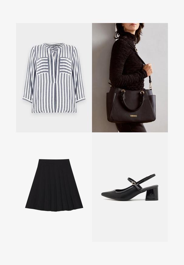 Chemise en lin avec des rayures verticales bleu et blanc, dotée d'un col arrondi, de manches trois-quarts et de deux poches avant.; Jupe plissée noire en tissu texturé avec une taille ajustée. Arrive au genou, présentant une silhouette lisse et épurée.; Escarpins slingback en cuir verni noir avec un embout pointu, un design à découpes arrondies et un talon carré. Présente un accent de boucle en ton doré.; Sac à main noir avec surface texturée, deux poignées supérieures et bandoulière réglable. Doté de quincaillerie dorée et de poches latérales.