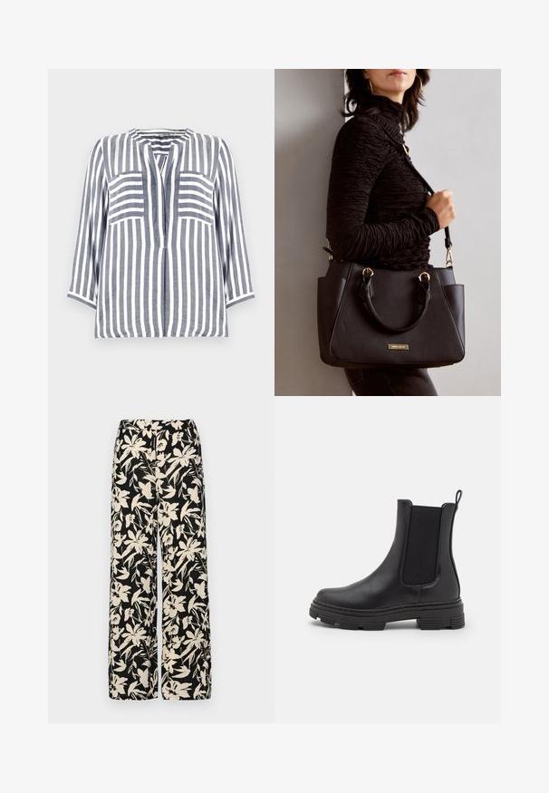 Linen shirt with blue and white vertical stripes, featuring a rounded neckline, three-quarter sleeves, and two front pockets.; Black wide-leg pants with a cream floral pattern. Made of lightweight fabric, featuring a smooth texture and a high waistband.; Black leather ankle boot with elastic side panels, rounded toe, and textured rubber sole. Features a loop at the back for easy wear.; Black handbag with textured surface, dual top handles, and adjustable shoulder strap. Features gold-tone hardware and side pockets.