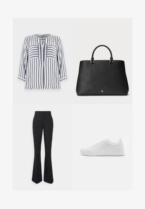 Camisa de lino con rayas verticales azules y blancas, que presenta un escote redondeado, mangas de tres cuartos y dos bolsillos frontales.; ONLY Tall ONLEDINA FLARE PANT - Pantalones - black; Zapatillas blancas con parte superior sintética suave, puntera redondeada, seis ojales para los cordones y suela de goma de perfil bajo con detalles texturizados.; Bolso de piel negra con un diseño estructurado, textura suave y dos asas superiores. Presenta detalles en dorado y un logo en la parte inferior.