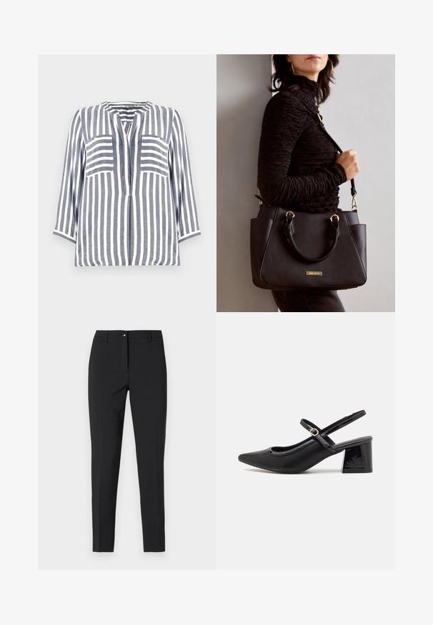 Leinenhemd mit blauen und weißen vertikalen Streifen, mit einem abgerundeten Halsauschnitt, Dreiviertelärmeln und zwei vorderen Taschen.; Schwarz enganliegende Hosen aus glattem Material, mit einem klassischen Bund, Reißverschluss vorne und seitlichen Taschen in einem eleganten, maßgeschneiderten Design.; Schwarze Lackleder-Slingback-Absätze mit spitzer Zehenform, einem runden Ausschnitt-Design und einem Blockabsatz. Mit einem goldfarbenen Schnallenakzent.; Schwarze Handtasche mit strukturierten Oberflächen, doppelten Obergriffen und verstellbarem Schultergurt. Mit goldfarbener Hardware und Seitentaschen.