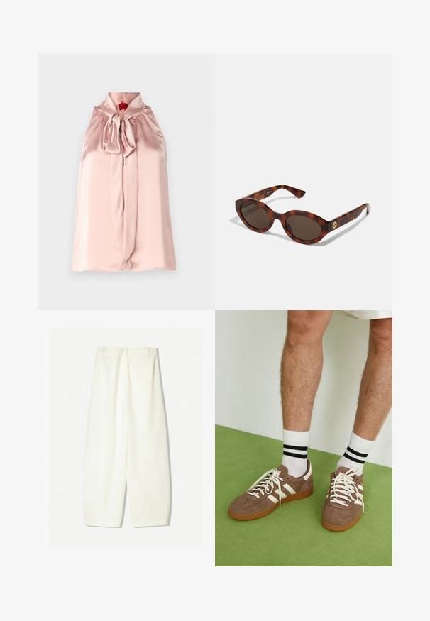 Blusa senza maniche in satin rosa pallido, caratterizzata da un collo alto, tessuto arricciato e un accento a fiocco frontale. Texture liscia con una silhouette fluida.; Pantaloni a gamba larga in un morbido tessuto crema, caratterizzati da una texture liscia, tasche frontali e una vestibilità morbida con una vita di altezza media.; Sneaker in suede marrone con dettagli e lacci bianchi. Suola in gomma color gomma. Indossati con calzini bianchi con righe nere. Pavimento verde texturizzato.; Occhiali da sole in tartaruga con montatura arrotondata, lenti scure e dettagli in oro sul tempio. Materiale in plastica liscia, senza schemi visibili.