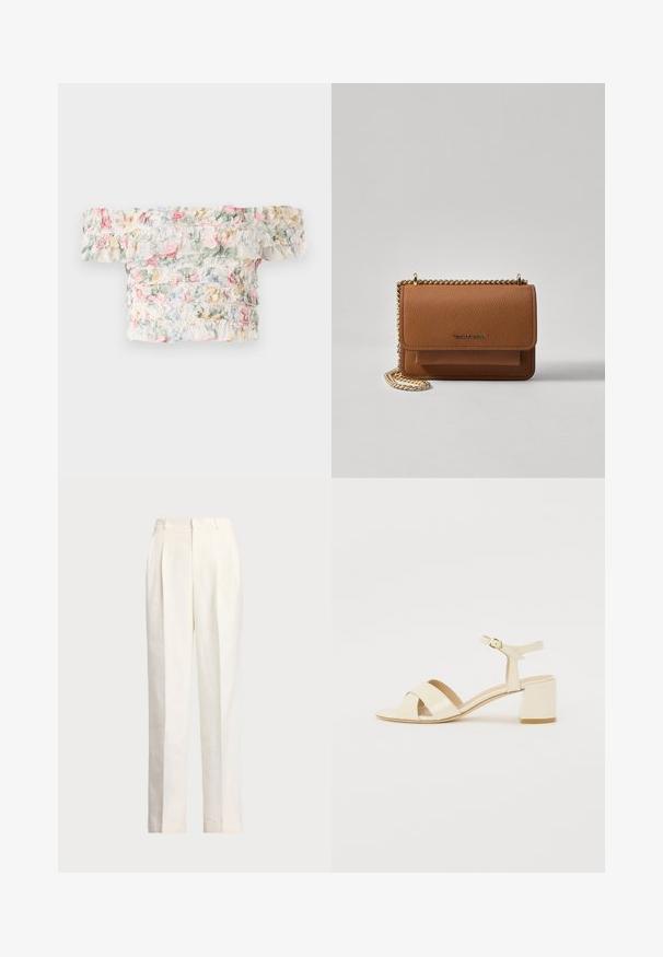 Petnešanti gėlėta viršutinė dalis, pagaminta iš minkštos, lengvos medžiagos su volanų detalėmis pastelinių rožinių, žalių ir mėlynų atspalvių.; Polo Ralph Lauren HEMP WIDE LEG PANT - Kelnės - nevis; Bežinės patentinės odos aukštakulnės šlepetės su kryžminiu dirželiu, atvira nosimi, reguliuojamu kulkšnies dirželiu ir blokuotu kulnu. Lygi tekstūra.; Ruda tekstūruota odinė per petį nešama rankinė su auksiniu grandininiu dirželiu ir užlenkiamo užsegimo. Priekinėje pusėje yra logotipo detalė ir kišenė po užlenkimu.