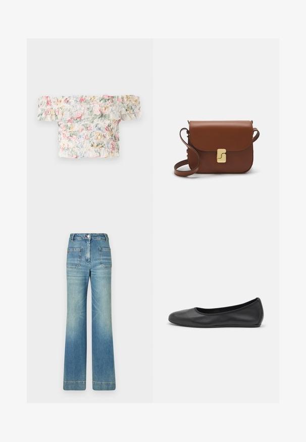 Top floral cu umerii descoperiți, confecționat dintr-un material moale și ușor, cu detalii volanate în nuanțe pastelate de roz, verde și albastru.; Jeans din denim albastru deschis, cu talie evazată, cinci buzunare, bucle pentru curea, închidere cu nasture și o textură ușor decolorată, având un detaliu cu logo roșu pe spate.; Balerini din piele neagră, cu vârf rotund, textură netedă, detalii de cusătură minimale și un design al tălpii flexibil.; Geantă de piele maro cu închidere tip capac, accesorii de culoare aurie, curea de umăr și o textură netedă. Formă compactă și rectangulară.