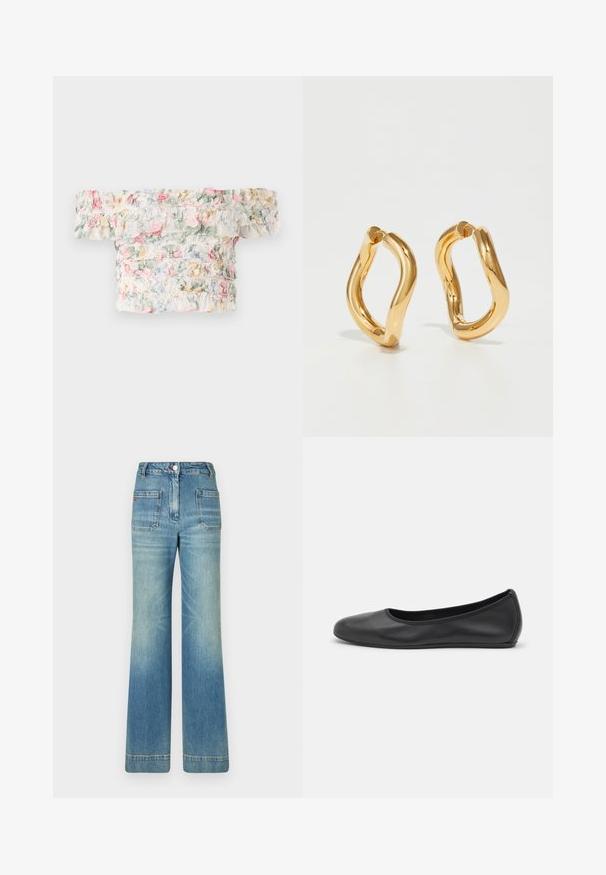 Off-the-shoulder kukkuluu puuvillane topp, mis on valmistatud pehmest ja kergest kangast, millel on volangid pastelsetes roosa, rohelise ja sinise toonides.; Vaaleansiniset farkut leveällä lahkeella, joissa on viisi taskua, vyölenkit, nappisulku ja hieman haalistunut pinta, sekä punainen logotyyppitys takana.; Musta nahkainen ballerina, jossa on pyöristetty kärki, sileä pinta, minimaalinen ommelkoristelu ja joustava pohjamuotoilu.; Kullanışlı ve pürüzsüz bir dokuya sahip, kıvrımlı ve düzensiz bir şekle sahip altın rengi halka küpeler. Görünür donanım veya aksan yok.